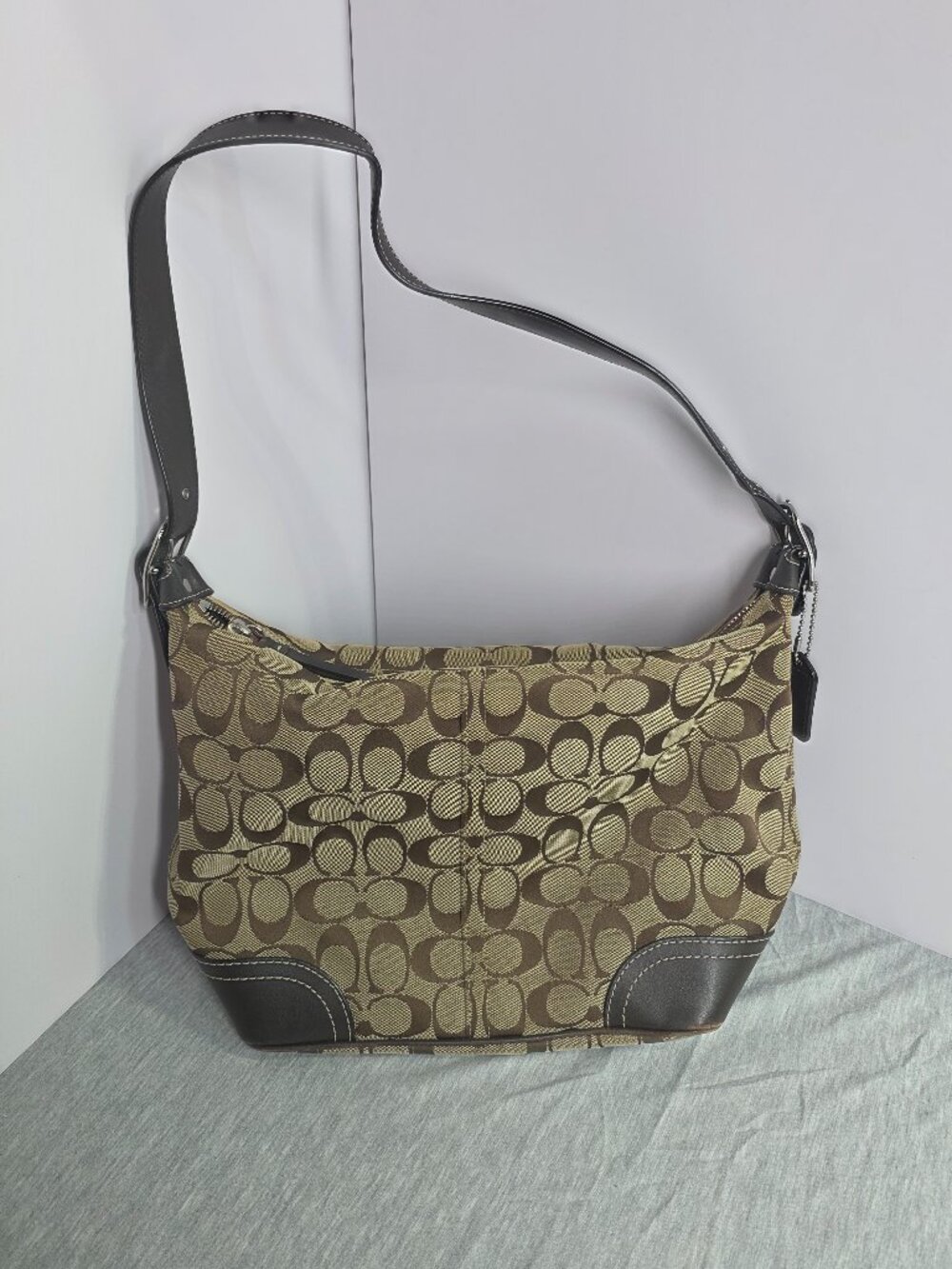 Coach Signature Jacquard Hobo Bag Khaki Brown Leather Trim